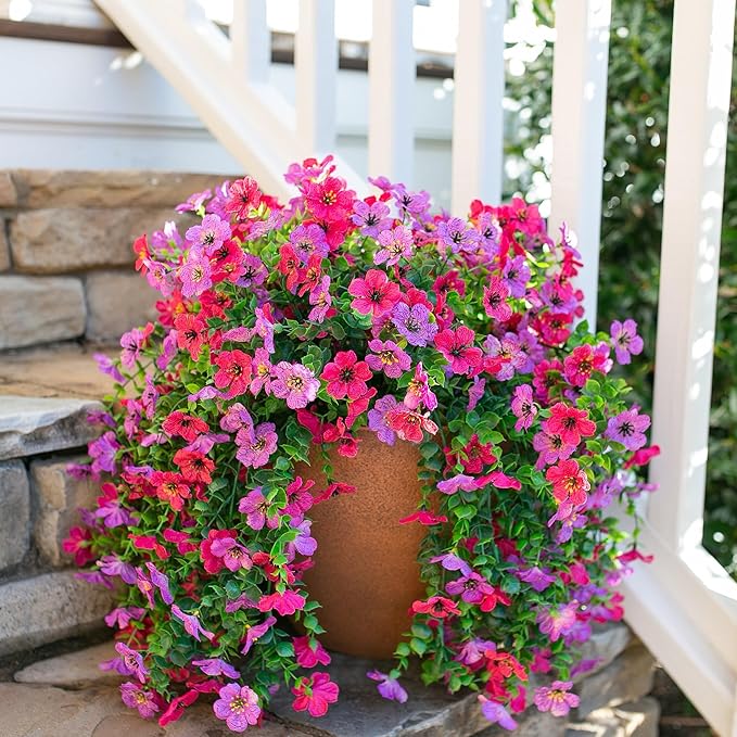 HyeFlora 2Pcs Artificial Flowers for Outdoors, Summer Fake Hanging Floral Decoration, Purple and Hotpink Lifelike Plants, UV & Fading Resistant Silk Flower for Enterwa Patio Balcony Front Yard
