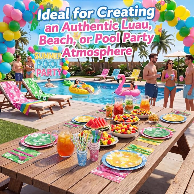 450 Pcs Hawaiian Luau Tableware Set Decorations Aloha Tropical Hibiscus Palm Leaves Paper Plates Napkins Cups Cutlery Straws for Hawaiian Party Summer Birthday Party Supplies, Serves 50