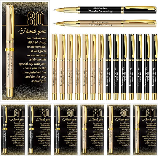 Feifeiya 100 Set 80th Birthday Party Favor for Guest Anniversary Party Favor with Black and Gold Ballpoint Pens and Thank You Cards for Women Men Birthday Anniversary Appreciation Gifts