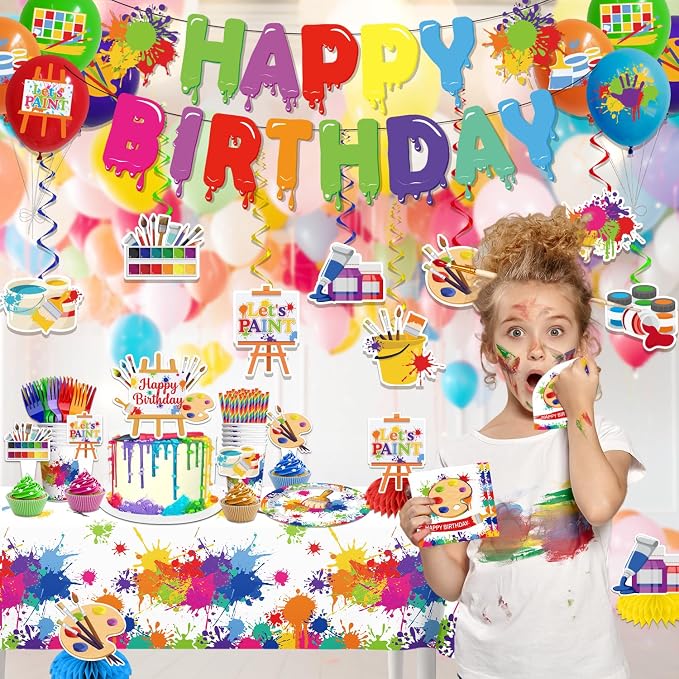 212pcs Paint Party Decorations for Kids and Art Lovers, Convenient Disposable Paper Tableware Set Includes 350gsm Plates and 2 PE Plastic Tablecloths for Paint Party and Celebration