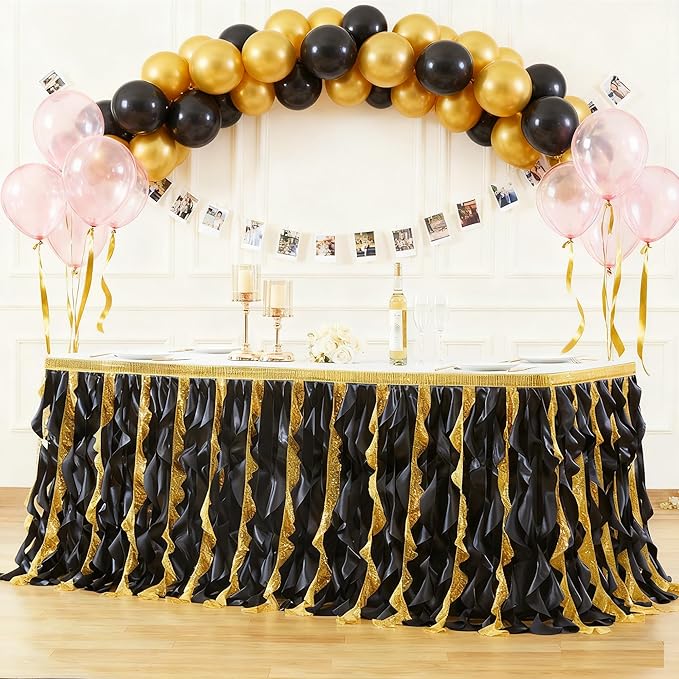 Wish Care 14ft Black Gold Sequin Tutu Table Skirt for Rectangle Tables Glitter Curly Willow Table Skirting Ruffle Table Cloth Desk Skirts for 50th Birthday Graduation Prom Theme Party Decorations