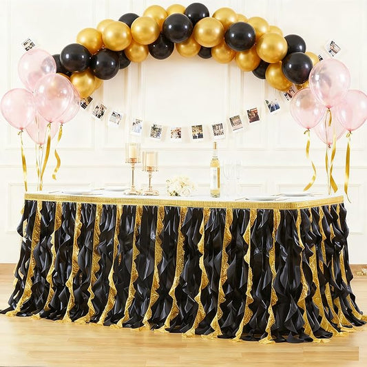 Wish Care 17ft Black Gold Sequin Tutu Table Skirt for Rectangle Tables Glitter Curly Willow Table Skirting Ruffle Table Cloth Desk Skirts for 50th Birthday Graduation Prom Theme Party Decorations