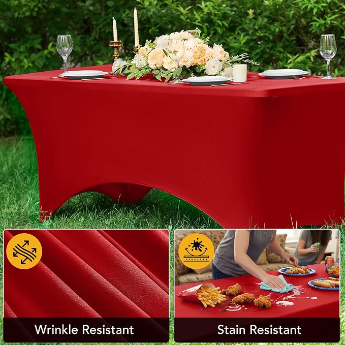 6-Pack Premium Red Spandex Tablecloths for 8ft Rectangle Tables, Stain & Wrinkle-Resistant, Washable Stretch Polyester Fitted Table Cover for Weddings, Banquets, Trade Shows Events