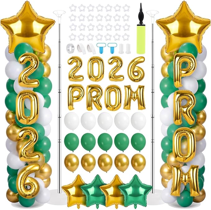 2 Sets Graduation Balloon Column Stand Kits with 132 PCS Green Gold White Latex Balloons 2026 Letters 6.5 Ft Adjustable Metal Tube Telescopic Tower Pillar with Base for Graduation Party Decoration