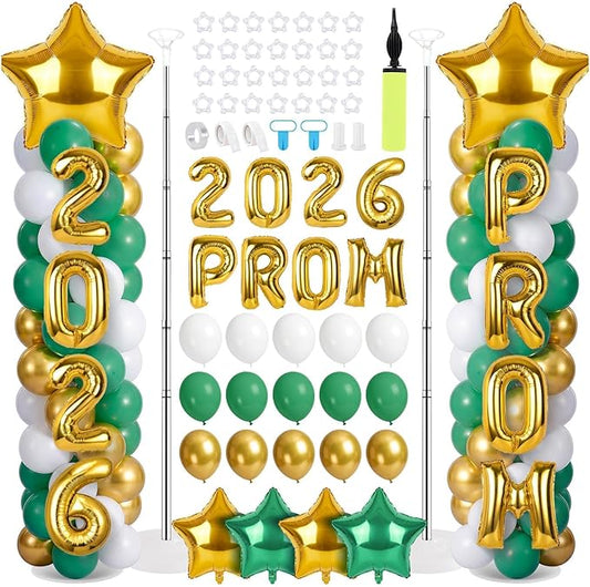 2 Sets Graduation Balloon Column Stand Kits with 132 PCS Green Gold White Latex Balloons 2026 Letters 6.5 Ft Adjustable Metal Tube Telescopic Tower Pillar with Base for Graduation Party Decoration