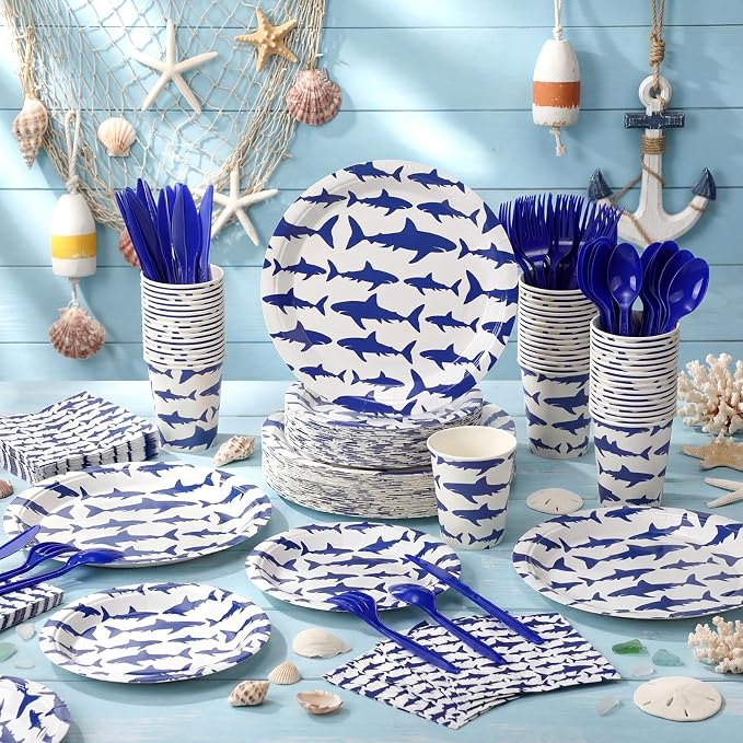 Vesici 350 Pcs Shark Birthday Plates and Napkins Tableware Set with Ocean Shark Napkins Plates Cups Straws and Forks Disposable Tableware Sets for Summer Under The Sea Birthday Party Supplies