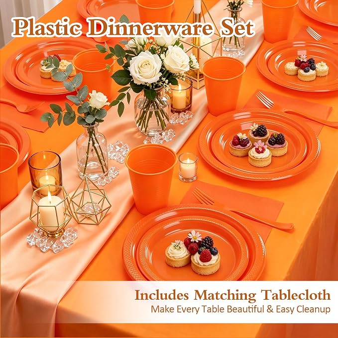 Orange Plastic Plates for Party,30 Guest Disposable Orange Party Supplies Including Dinner&Dessert Plate,12oz Cups,Cutlery,Napkins & Tablecloth Dinnerware Decorations for Birthday Fall Parties Wedding