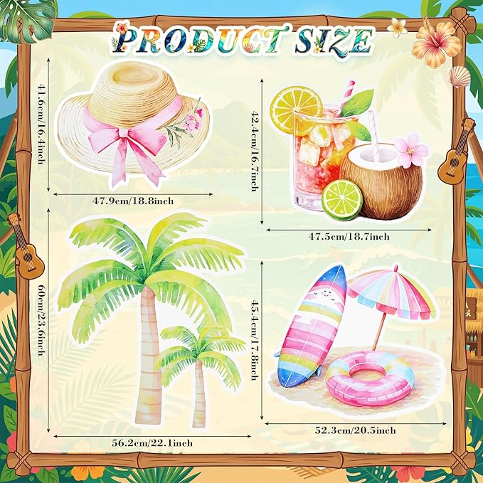Honoson 4 Pcs Large 32" Summer Beach Party Decoration Cardboard Cutouts, Pool Coconut Tree Yard Signs Photo Booth Prop for Birthday Tropical Swimming Hawaiian Luau Bar Party Supplies