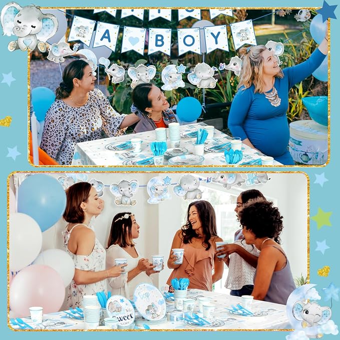 405 Pcs Blue Elephant Theme Baby Shower Decorations, It's a Boy Theme Baby Shower Tableware Set Plates Napkins Cup Cutlery, Elephant Party Supplies with Tablecloth Banner, Serves 50 Guests