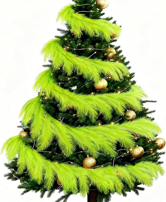 4 Pcs 24 Ft Christmas Tree Garland Decoration Lime Green Pampas Grass Garland Artificial Faux Fabric Feathers Wreath for Mantle Xmas Tree Home Farmhouse Christmas Holiday Party Supplies