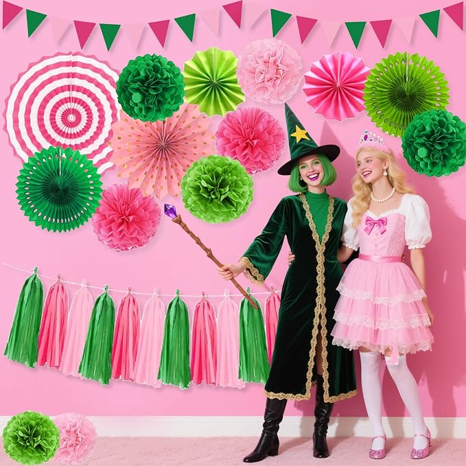 Witch Theme Party Decorations Set Colored Pink and Green Birthday Party Hanging Paper Fan Tissue Pom Poms Streamers Summer Party Supplies Tassel Garland Banner