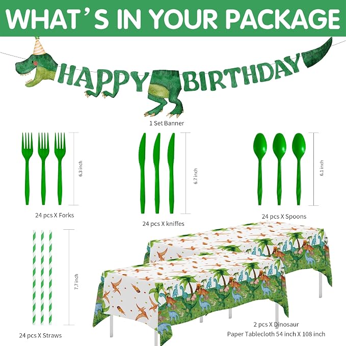Srua Don Dinosaur Birthday Party Supplies Boy - Dino Dinosaur Birthday Decorations Tableware, Paper Plate, Cup, Napkin, Tablecloth, Disposable Cutlery, Banner, Serves 24