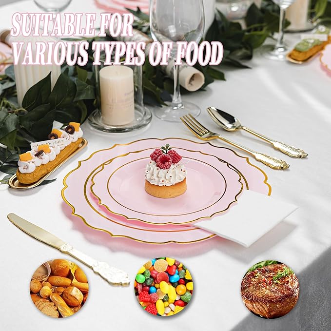 350PCS Pink Plastic Plates, Gold Plastic Dinnerware Sets for 50 Guests, Include 100 Disposable Plates, 50 Cups and 50 Pre Rolled Napkins for Mother's Day, Party and Wedding
