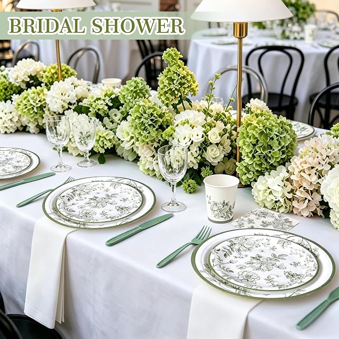 400 Pcs Disposable Sage Green Floral Tableware Set for 50 Guests | Heavy-Duty 7" & 9" Paper Plates, Cups, 13" Napkins & Plastic Cutlery for Bridal Baby Shower and Tea Party Supplies