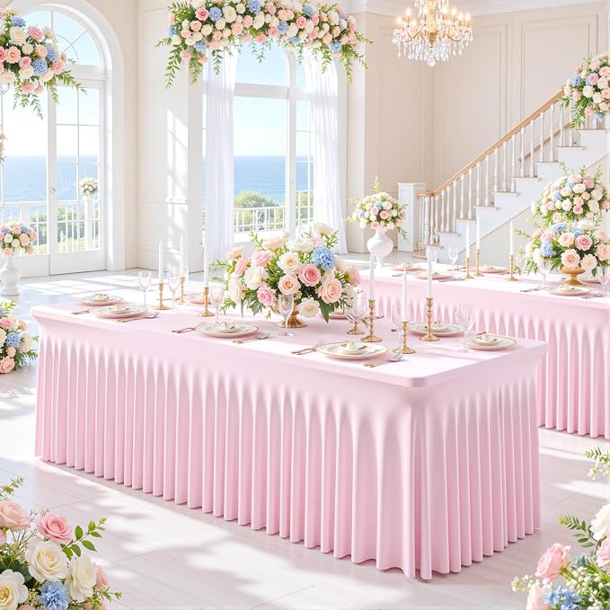 6 Pack Pink Table Cloth for 6 Foot Rectangle Tables Spandex Fitted Tablecloth 6ft Stretch Table Covers Skirt Pink Banquet Tablecloths Wrinkle Free Tablecloth for Party Wedding Birthday Event