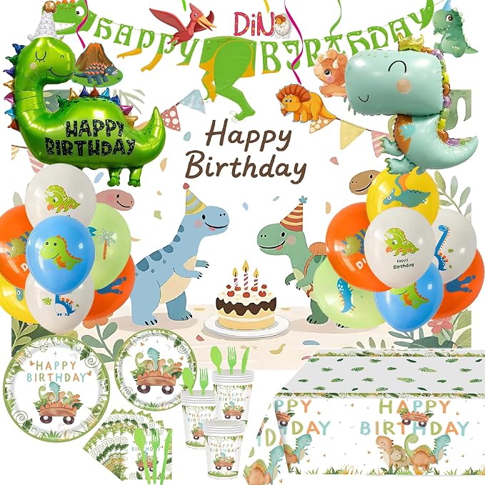 Cartoon Dinosaur Themed Happy Birthday Party Decorations, Plates Napkins Cups Tableware, Dino Backdrop Tablecloth, Happy Birthday Banner, Cake Topper, Colorful Printed Balloons for Kids Adults