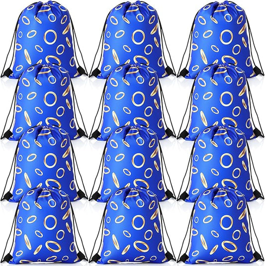 Abbylike 12 Pcs Blue and Golden Ring Party Favor Bags Birthday Gift Candy Goodies Treat Drawstring Backpacks for Video Game Party Room Decoration Prizes