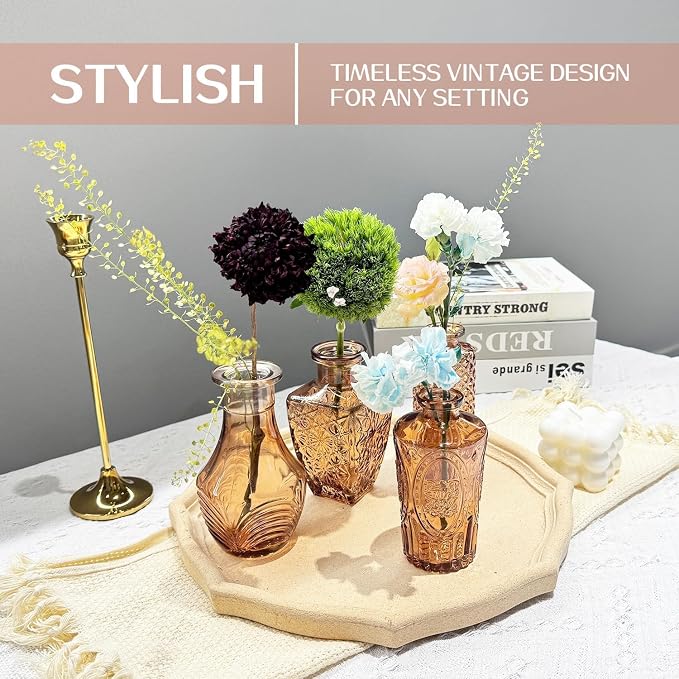 Mini Bud Vases As Wedding Centerpieces for Tables,Clear Bud Vases for Flowers,Small Flower Vases Suitable for Birthday Party,Anniversary,Wedding Reception,Baby Shower (Amber, 24PCS)
