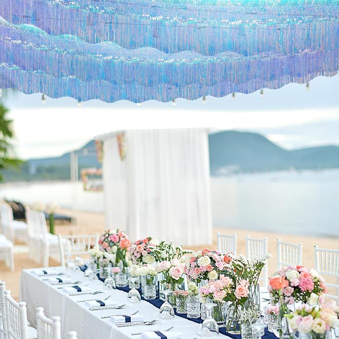 LOLStar Iridescent Blue Foil Fringe Tinsel Garland Streamer Banner, 6 Pack | 60Ft Tinsel Streamers, Shiny Iridescent Blue Wall Hanging Tinsel Fringe Banners for Mermaid, Snow, Sea, Unicorn Party Decor