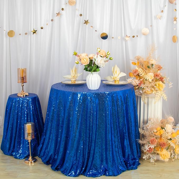 ShiDianYi Sequin Tablecloth Round 72'' Royal Blue Round Table Cloth Glitter Dessert Cake Tablecloth Sequin Table Cover Cloth for Baby Shower Linen Polyester Sequin Overlay for Banquet Birthday Parties
