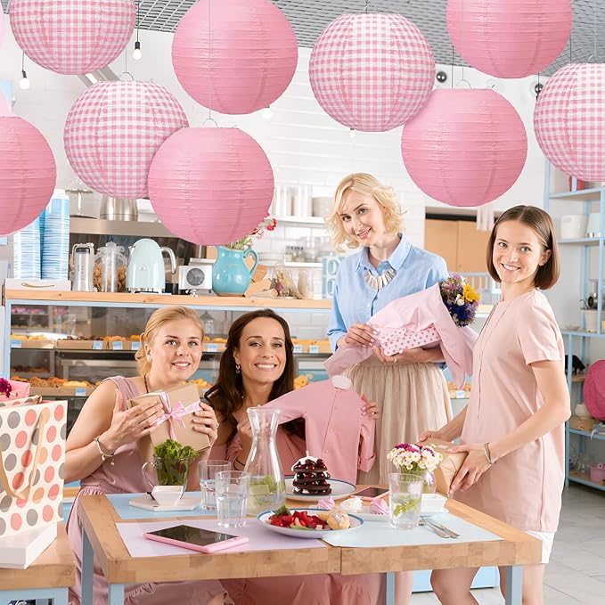 Honoson 12 Pcs Pink Gingham Paper Lanterns Decoration10 Inch White and Pink Checkered Plaid Round Chinese Hanging Lanterns for Baby Girl Shower Wedding Birthday Picnic BBQ Decoration