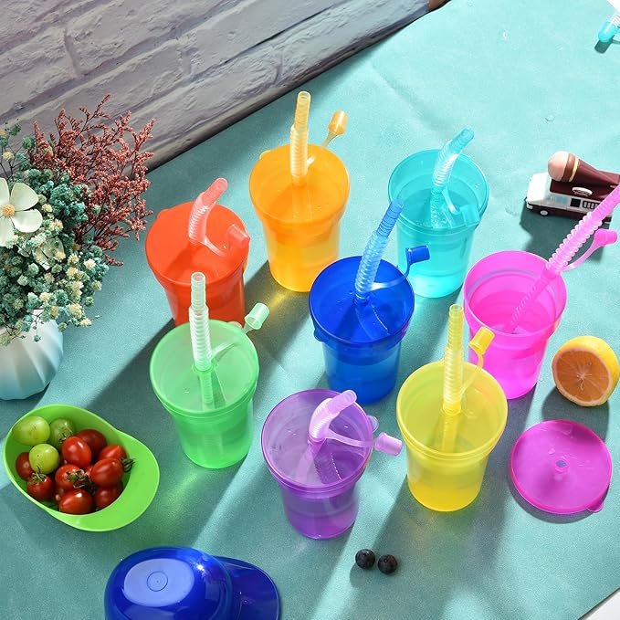 Haundry 24 Pack Kids Party Cups with Lids and Straws, Colorful Plastic Sipper Party Favor Cups for School Events and Birthday Celebrations Supplies, Neon Colors