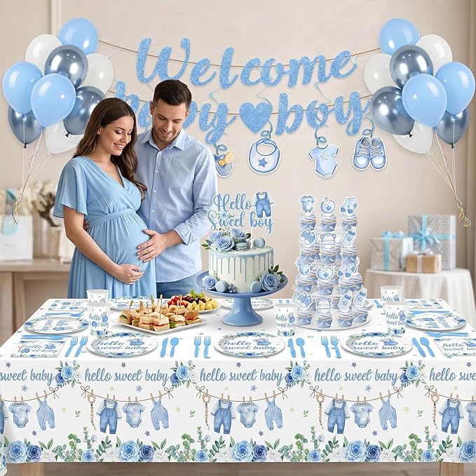 202PCS Blue Baby Boy Shower Decorations Tableware Set, 24 Serves Disposable Plates Napkins Cups Set with Banner Plates Napkins Balloons Tableware Cake Topper for Baby Boy Baby Shower Decorations