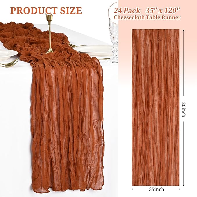 Showgeous 24 Pack Terracotta Cheesecloth Table Runner, 10FT Long Semi-Sheer Boho or Rustic Gauze Table Runner Wedding Table Decor for Wedding Arch Draping Bridal Shower Holiday Party