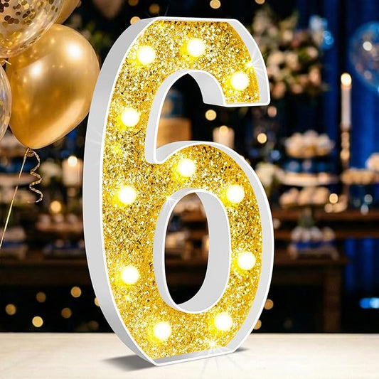 12.6 Inch LED Gold Marquee Light Up Numbers, 6th Birthday Decorations Number Lights as Gifts for Girls Boys, Glitter Lighted Marquee Numbers for Golden Anniversary Party Table Decor, 6