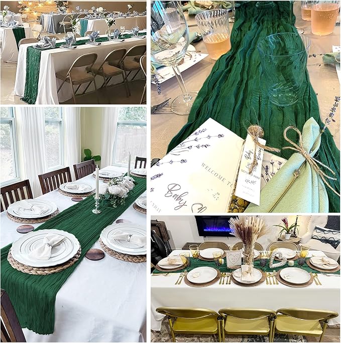 6 Pack Emerald Green Cheesecloth Table Runner 20 x 120 inch Gauze Table Runners 10 FT Long,Semi Sheer Boho Cheese Cloth Fabric Table Runner Bulk for Wedding,Party,Baby Shower,Bridal Shower Decoration