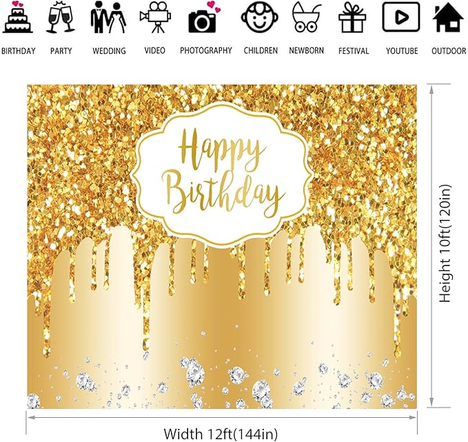 Baocicco 12x10ft Gold Happy Birthday Backdrop Modern Luxury Glitter Diamond Photography Background for Women Girls Sweet Princess Birthday Party Bridal Shower Decor Banner Supplies Photo Booth Props