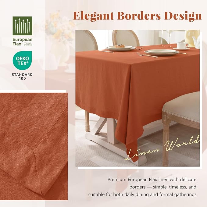 Linen World Fall Linen Tablecloth 90" x 90" Inch,French Linen Washable Rectangular Table Cloth for Dining,Outdoor,Weddings and Restaurants,Decorative Thanksgiving Christmas,Burnt Orange