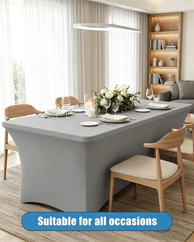 6FT Light Grey Table Cloth - 2 Pack Fitted Stretch Rectangle Spandex Tablecloth, Washable Table Cover for Party, Picnic, Wedding, Banquet, Birthday and Festival(30" x 72")