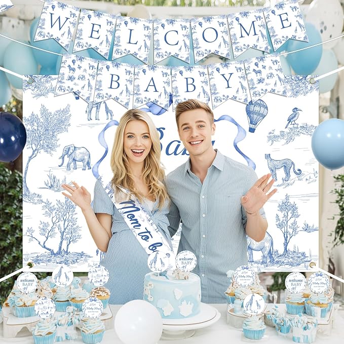Blue Safari Baby Shower Decorations Safari Animals Theme Welcome Baby Banner Backdrop Cupcake Toppers Mom to Be Sash with Balloons Kit for Boys Baby Shower Gender Reveal Party Supplies
