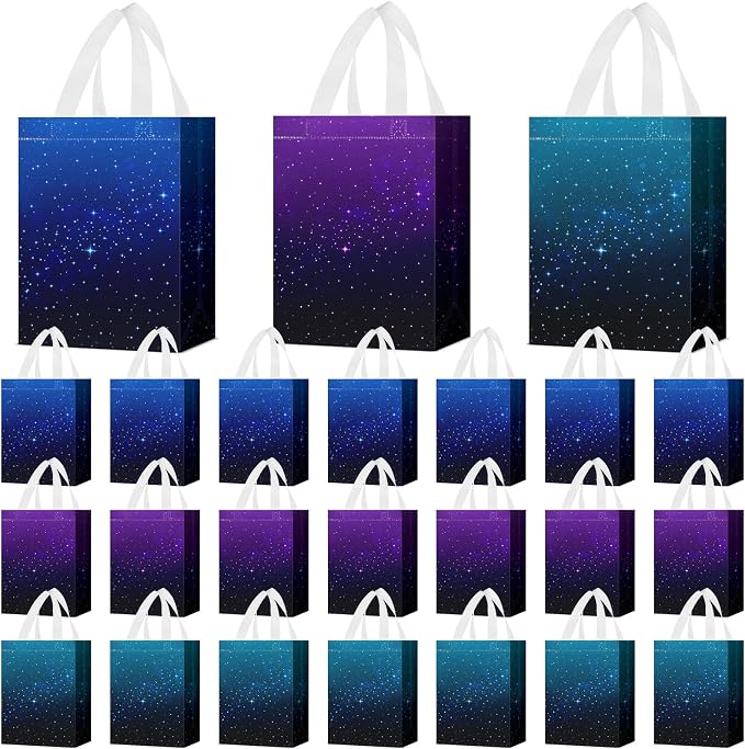 Locmeo 12 Pcs Galaxy Party Favor Gift Bags Starry Sky Goodie Space Star Reusable Bags Non Woven Starry Night Candy Treat Totes Graduation Gift Bag Birthday Party Decorations, 8 x 4 x 10 Inch