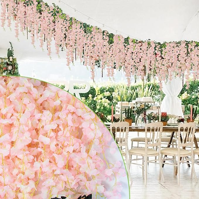 24 Pack Artificial Wisteria Hanging Flowers Fake Wisteria Flower Garland Silk Vines Rattan Decor for Home Wedding Arch Wall Garden Greenery Bedroom Outdoor Office Party Decoration (Light Pink)