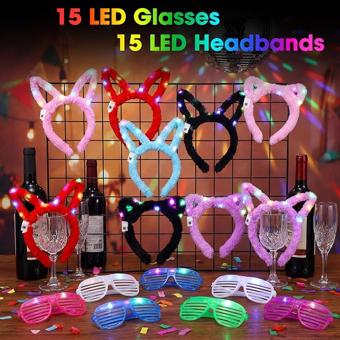 Honoson Light Up Glasses LED Cats Headband Rabbit Headband for Adults Party Favor Packs