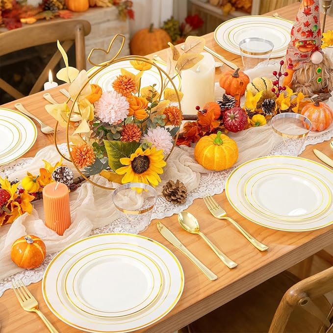 WELLIFE 210PCS Ivory Plastic Plates for 30 Guests - Gold Plastic Plates, Platos Para Fiestas Elegantes Desechables, Disposable Plate for Party and Wedding