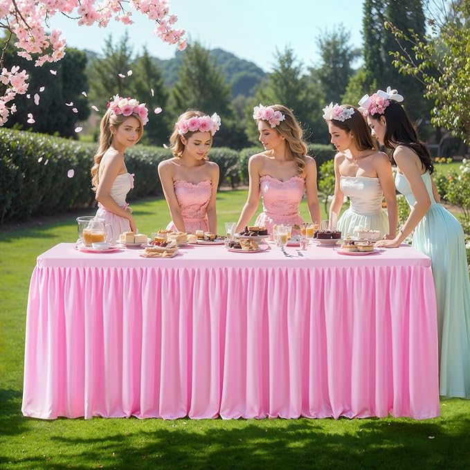 PARTISKY 1 Pack Pink Tablecloths for Rectangle Tables 8ft, Wrinkle Resistant Pink Tablecover Fitted Stretch Table Cloth with Pleated Ruffle Table Skirts for Party Banquet Dining Birthday Wedding