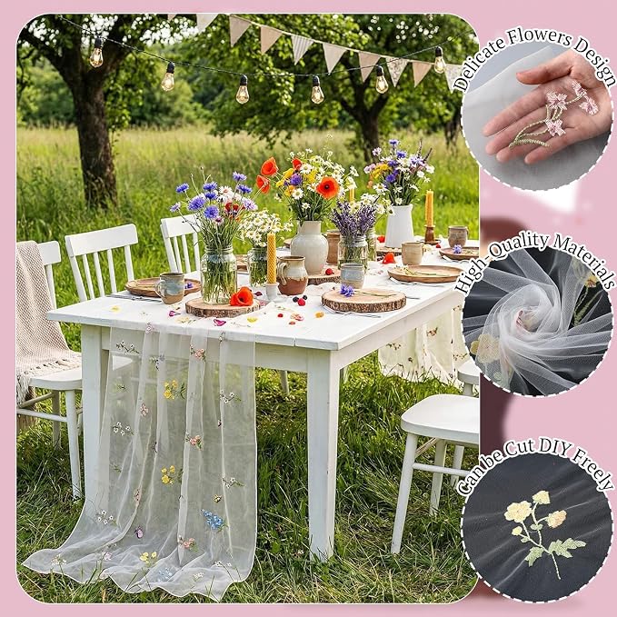 Lounsweer 6 Pcs White Wildflower Table Runner 10ft Embroidery Tulle Spring Floral Table Runner Seasonal Summer Butterfly Kitchen Dining Gauze Decoration for Wedding Baby Shower Birthday Party
