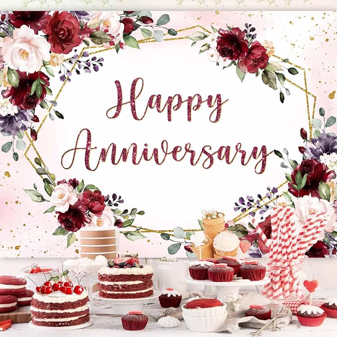 Sensfun Happy Anniversary Backdrop Banner Burgundy Pink Flower Wedding Anniversary Party Decorations Floral Couple Engagement Marriage Day Memorial Party Photography Background Photo Booth 10x7ft