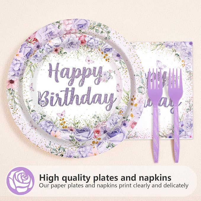 96Pcs Purple Floral Birthday Party Decorations Spring Purple Flowers Birthday Plates and Napkins Sets Flower Butterfly Decorations for Women Girls Lady Rose Shower Party Supplies Serves 24
