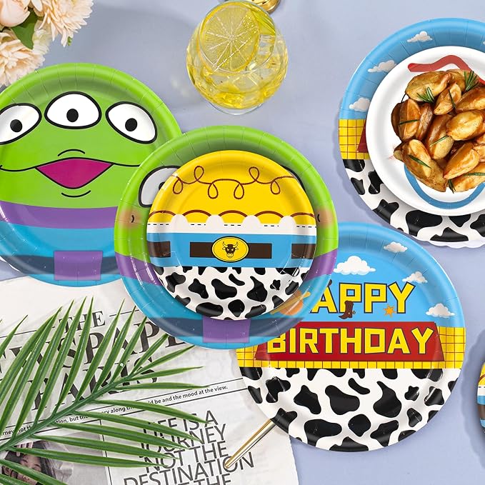 182pcs Toy Theme Party Supplies Include Cloud Plates Napkins Cups Banner Tablecloth Disposable Paper Tableware Set for Toy Birthday Party Decorations,Serve 30 Guests