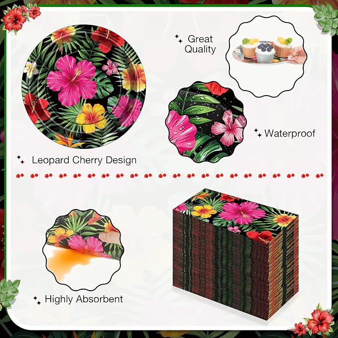 Ziliny 350 Pcs Tropical Hawaiian Party Disposable Tableware Set, Luau Hibiscus Palm Leaf Floral Paper Plates Cups Napkins Dinnerware for Summer Beach Aloha Pool Tiki Birthday Party Supplies Serves 50
