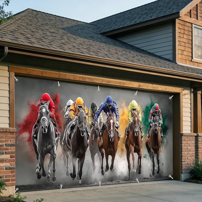 Horse Racing Garage Door Banner Cover 7x16FT Waterproof –Kentucky Derby Backdrop with Jockeys,Indoor Outdoor Decor for Derby Party,Sports Events,Photo Booth & Race Day Celebration
