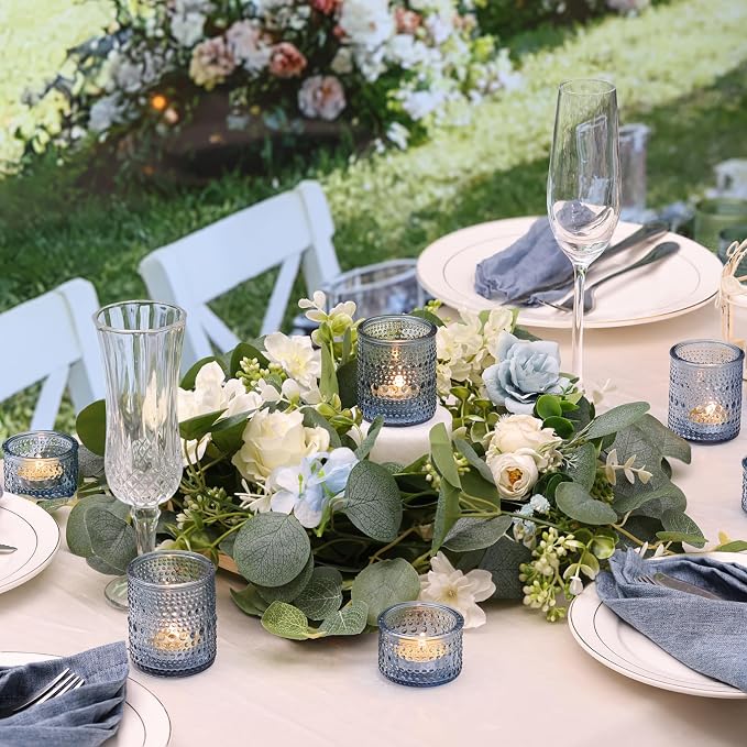 30 Pcs Blue Votive Candle Holders – Glass Candle Holders Bulk for Wedding Table Centerpiece, Something Blue Bridal Shower, Baby Shower, Summer & Everyday Home Decor