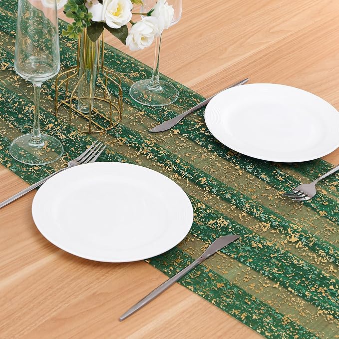 BINBE 1PCS Green Table Runner 10Ft Sheer Chiffon Fabric Cheesecloth Sequin Glitter Table Runner for Wedding Birthday Party Decor