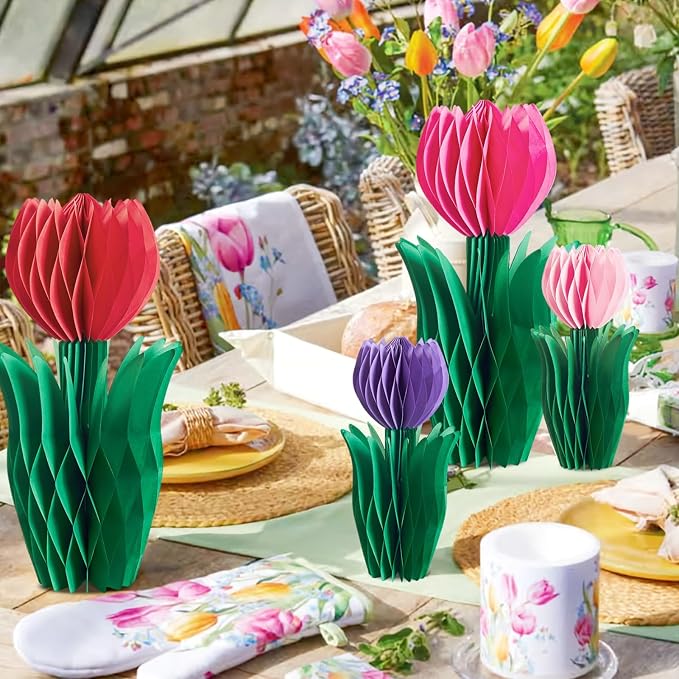 SUNBEAUTY 8 PCS Tulip Honeycomb Decorations, Spring Decorations for Office, Spring Table Decor, Red Tulip Honeycomb Flower Decorations Spring Centerpieces for Tables Mother Day Spring Party Womens Day