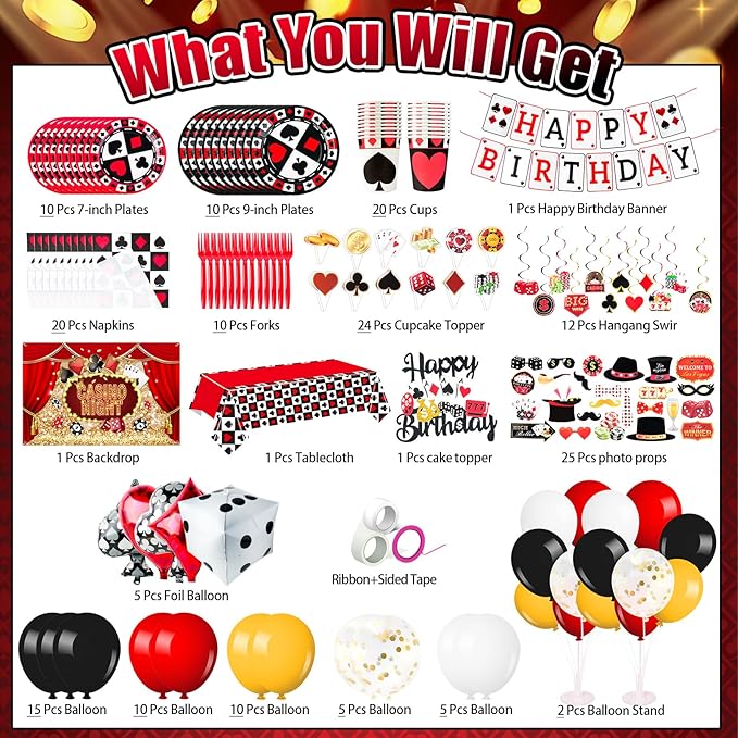 175Pcs Casino Party Decorations Set, with Plates Cup Tableware, Casino Backdrop, Foil Balloons, Balloons Stand, Birthday Banner, Cake Topper, for Las Vegas Poker Casino Night Party Supplies