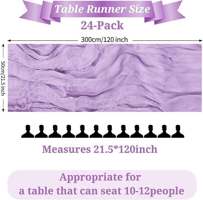 24 Pack Light Purple Table Runner, 10FT Cheesecloth Table Runner Long Romantic Semi Sheer Rustic Boho Gauze Table Runners for Wedding Bridal Shower Birthday Party Decorations(21.5×120 Inch)